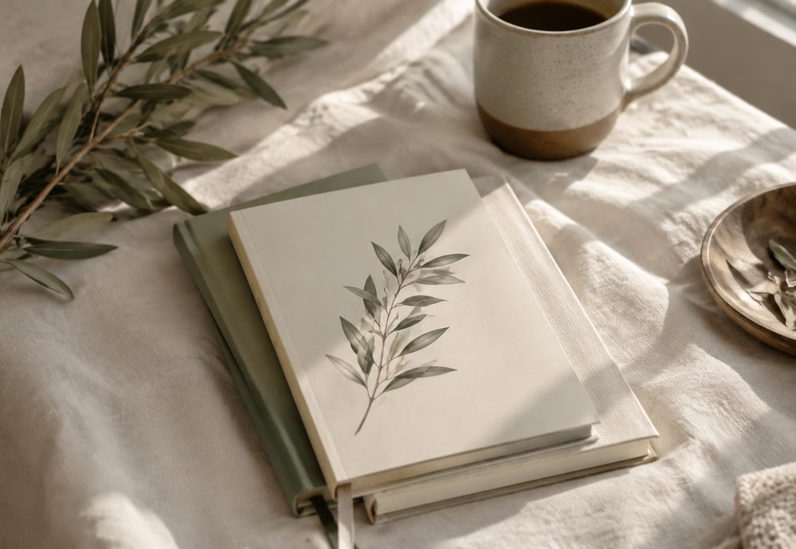 A prayer journal on linen beside an olive branch and a cup of coffee